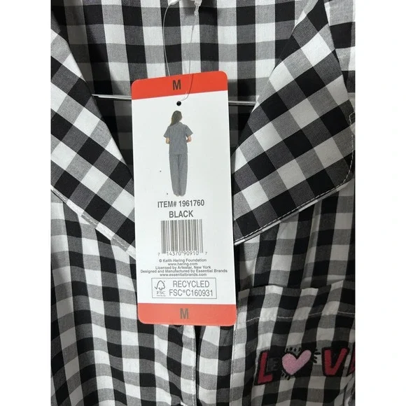 Keith Haring Pajama Set Womens Medium Black Gingham Check Heart Love Cotton - Picture 5 of 15